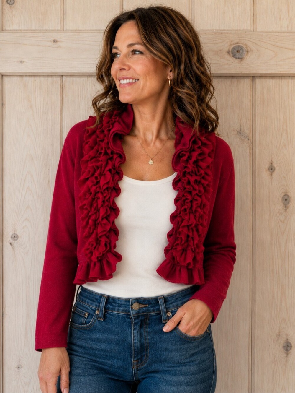 Barami Red Ruffle Cropped Cardigan Sweater